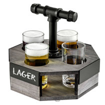 MyGift Dark Brown Slatted Wood Beer Flight Tasting Sampler Tray with 4 Glass Cups and Mini Chalkboards