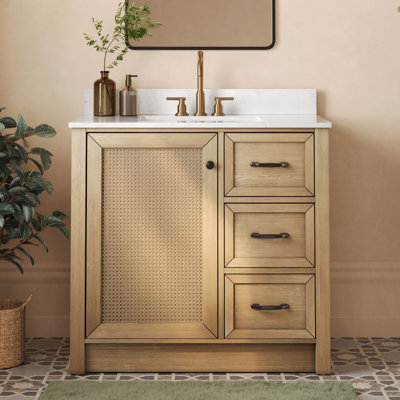 Essence 36" Freestanding Single Bathroom Vanity With Granite Top, Natural Wood Base, Soft-Close Doors And Drawers