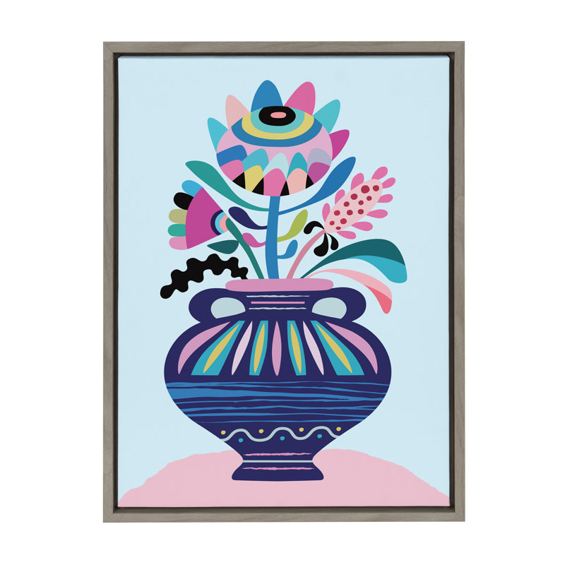 «Mid Century Modern Whimsical Floral» par Rachel Lee, 3 oiseaux, reproduction d'art sur toile encadrée, Gris