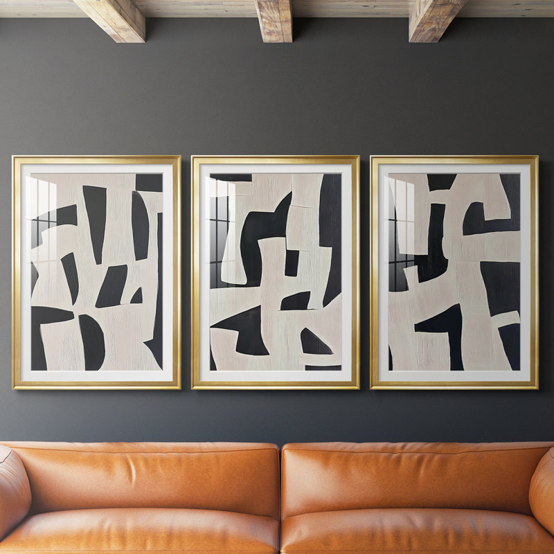 ABSTRACT Series Dxci II - Impression sur mesure encadrée de qualité supérieure - 3 pièces, H 30 po x l 63 po, Doré