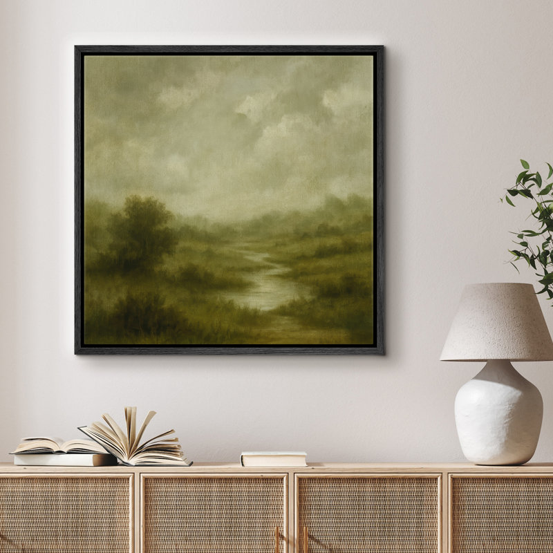 «Misty Green Meadow River Scene Wall Decor», reproduction d'art sur toile encadrée, Cadre flottant noir