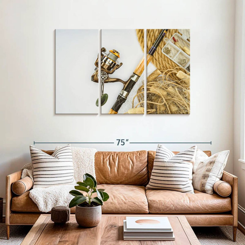 Canne à pêche et filet, H 36 po x l 57 po