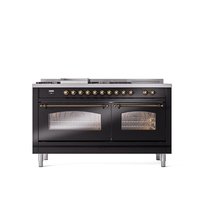 ILVE Nostalgie II 60 Dual Fuel Range, 5 Burners, Griddle, Frenchtop , Glossy Black/Bronze, Natural Gas
