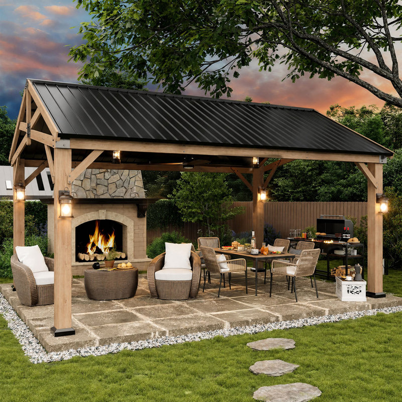 Jolydale Soild Wood Frame Hardtop Gazebo With Galvanized Steel Peak Roof, Suitable For Patios, Lawn And Backyard