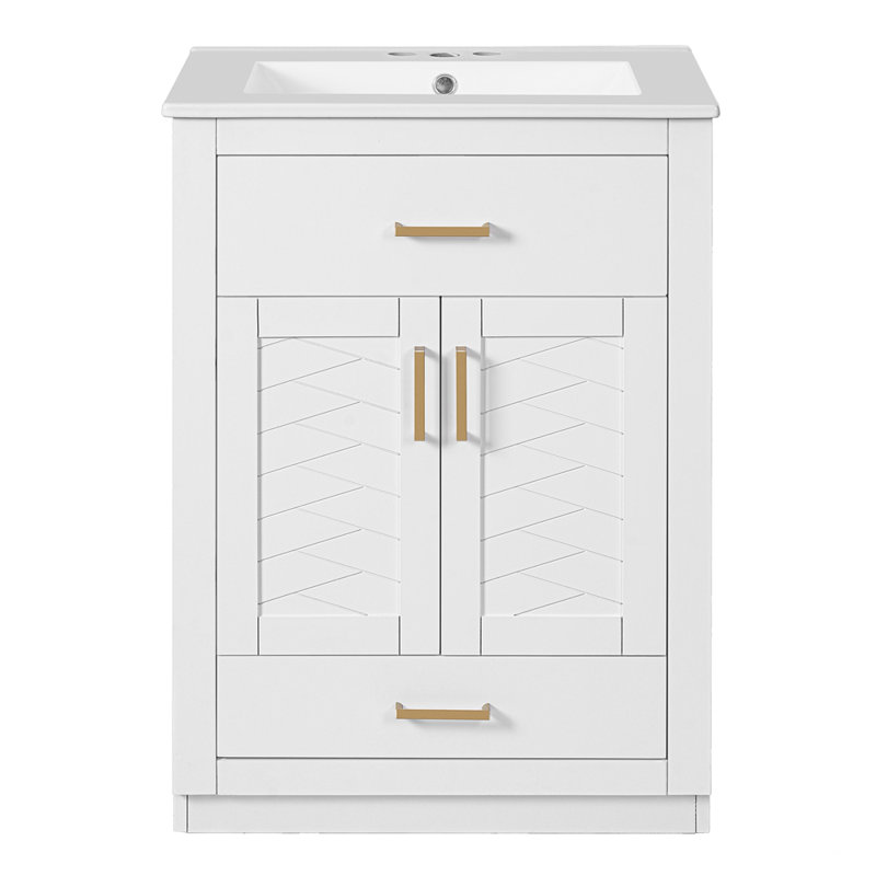 Meuble-lavabo intégré en céramique avec 2 portes, 1 tiroir basculant et 1 lavabo, Blanc