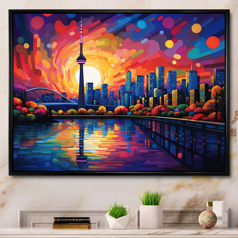 Pop Art Toronto Cityscape I sur impression sur toile, H 34 po x l 44 po x P 1,5 po, Cadre flottant noir