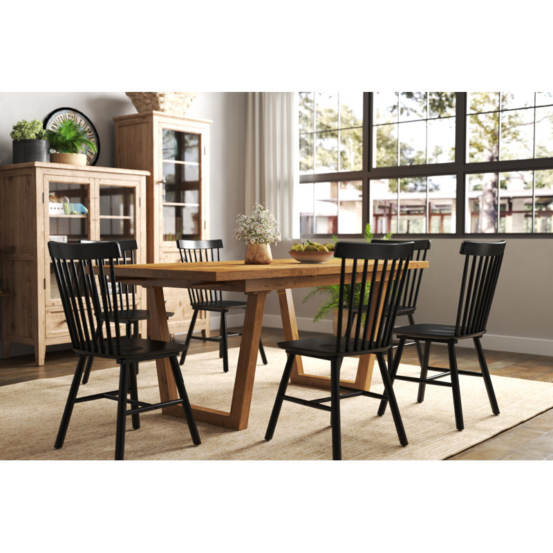 Solid Wood Dining Table Set, Farmhouse Extendable Dining Table And Windsor Chair For Dining Room/Kitchen, Black, Brown