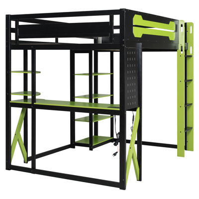 Lit mezzanine double en bois avec bureau, tablettes, prise de courant et ports USB / Type-C, lumière RVB, peu encombrant, noir et vert