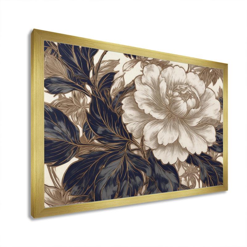 Fleur d'œillet bleu sur fond de Rickel Gold IV sur toile, Cadre doré simple, H 30 po x l 40 po x P 1,5 po