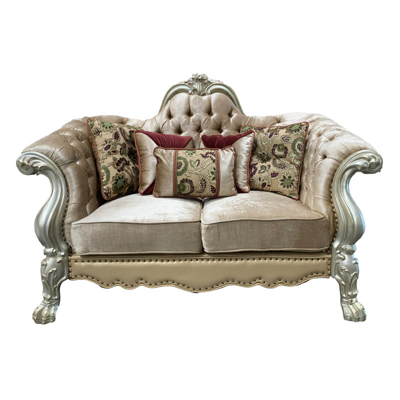 Causeuse capitonnée à volutes florales avec 5 coussins, velours os et patine dorée