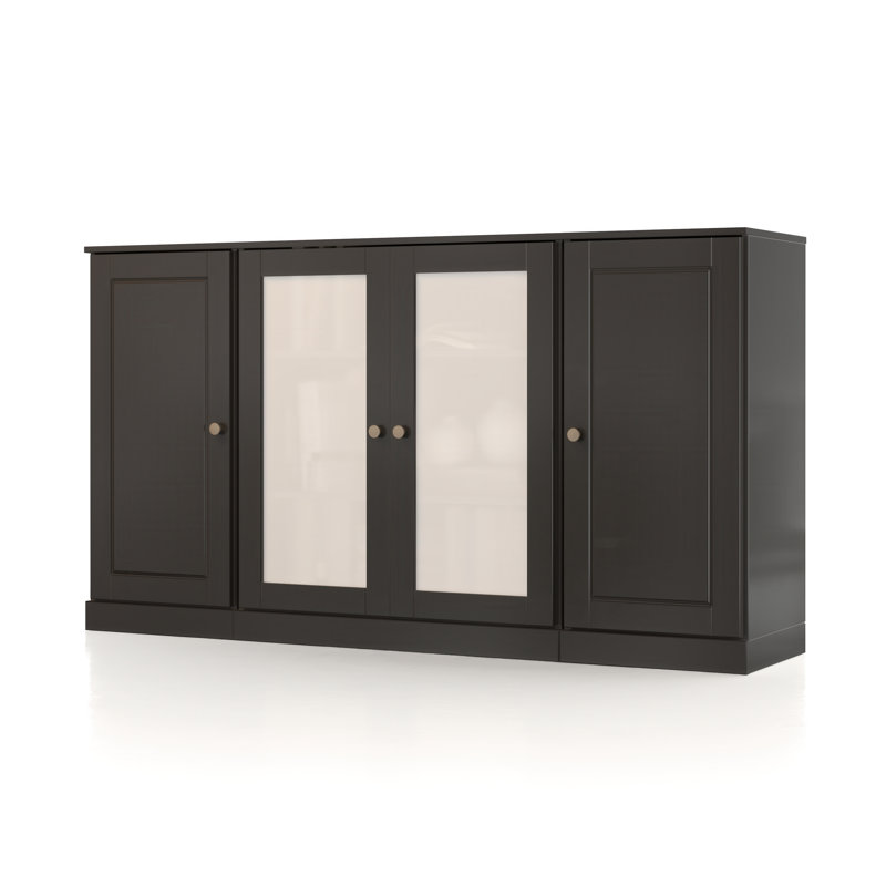 Buffet 100% bois massif 65 po avec portes en verre givré et tablettes réglables, Noir, noir, noir, noir