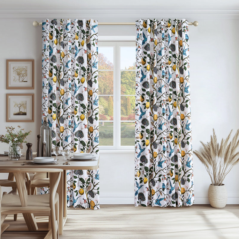 Fancy Hummingbird Patterned  Room Darkening Curtain,Rod Pocket Back Tab Floral Drapes,Set of 2, White, 52" W x 90" L
