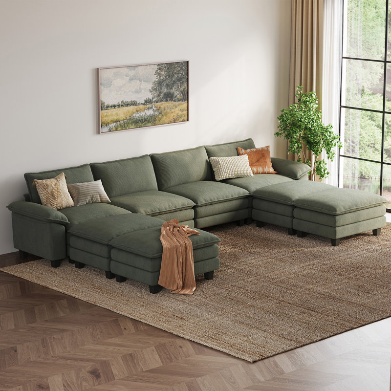 Canapé modulaire en forme de U avec 4 repose-pieds Colbey, Velours côtelé vert