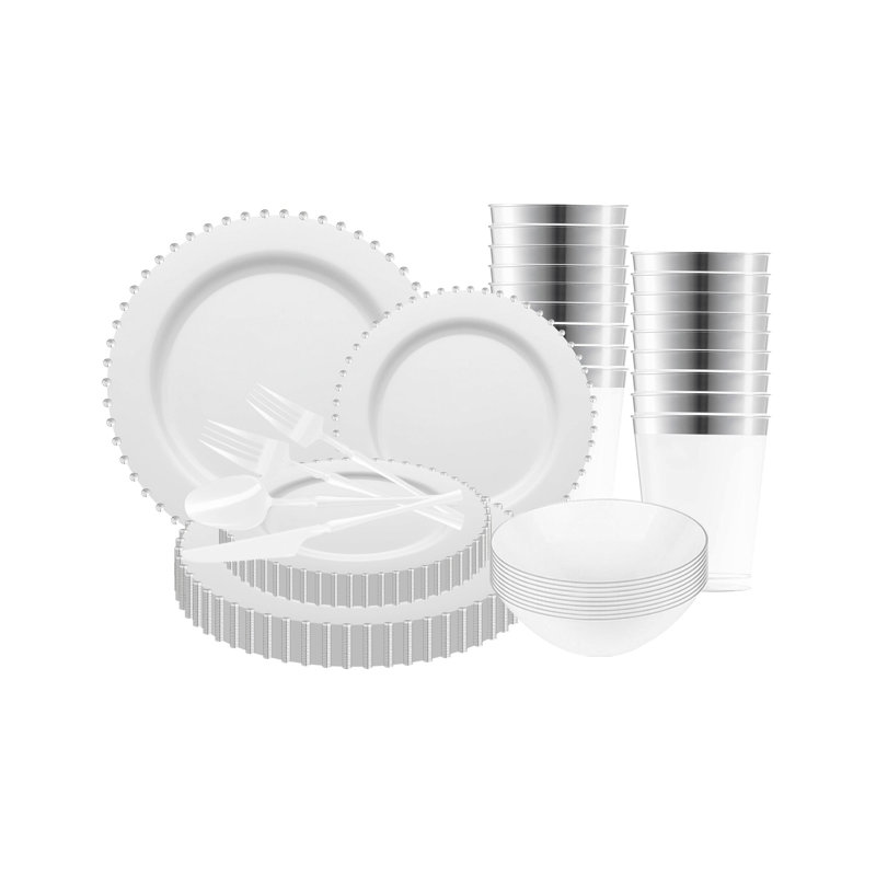 Service de table rond jetable en plastique blanc avec cordon de perles argentées - 60 couverts