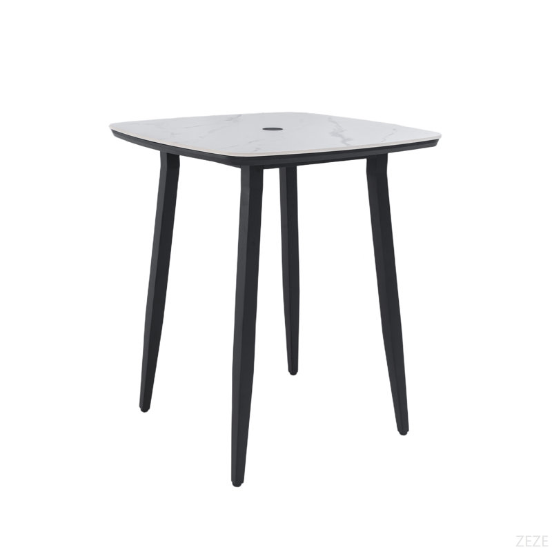35.4" Outdoor Bar Table with Greek White Sintered Stone Top, Aluminum Frame, Umbrella Hole, and Tapered Legs