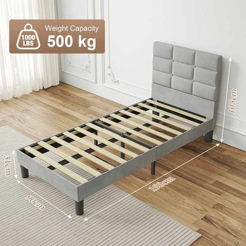 Velvet Upholstered Platform Bed with Headboard, Single (3')