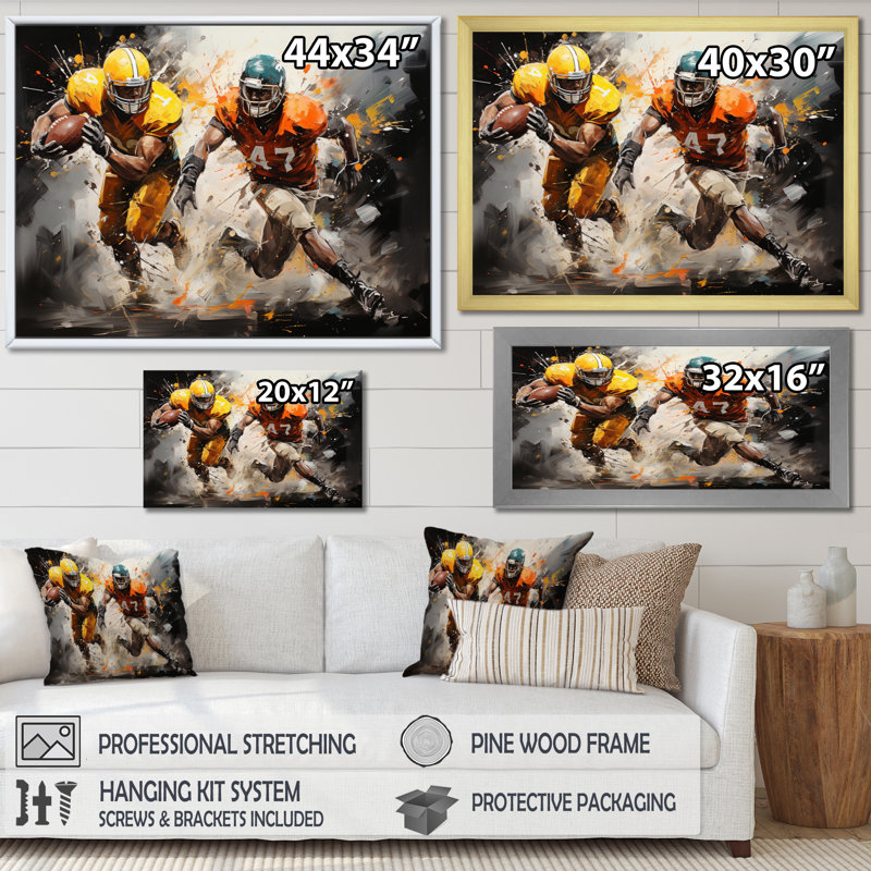 Orange Football Abstract Victory - Sports Canvas Wall Art, H 30 po x l 40 po x P 1,5 po, Cadre flottant noir