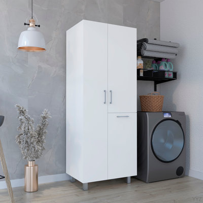 71" High Two-Door Broom Closet With Hamper, Four Shelves, Hangers, Storage Closet, Pantry Cabinet