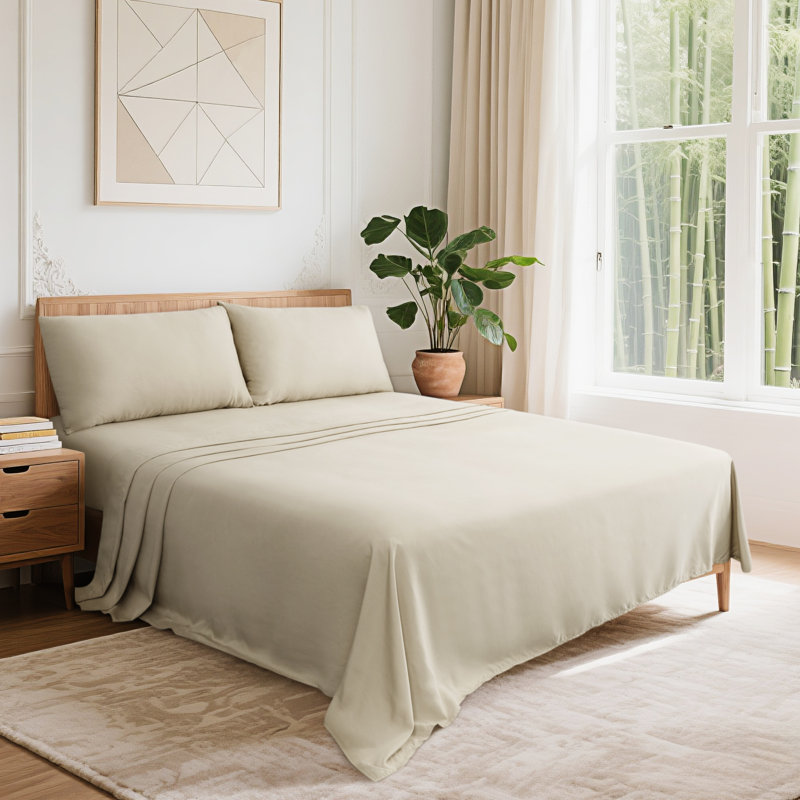 100% Viscose Bamboo Sheet Set, California King Sheet Set with 2 Pillowcases, Cream