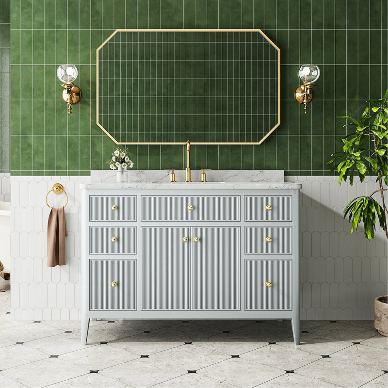 Ensemble de meuble-lavabo autoportant 48 po entièrement assemblé en bois massif avec plateau en marbre d'ingénierie entièrement assemblé