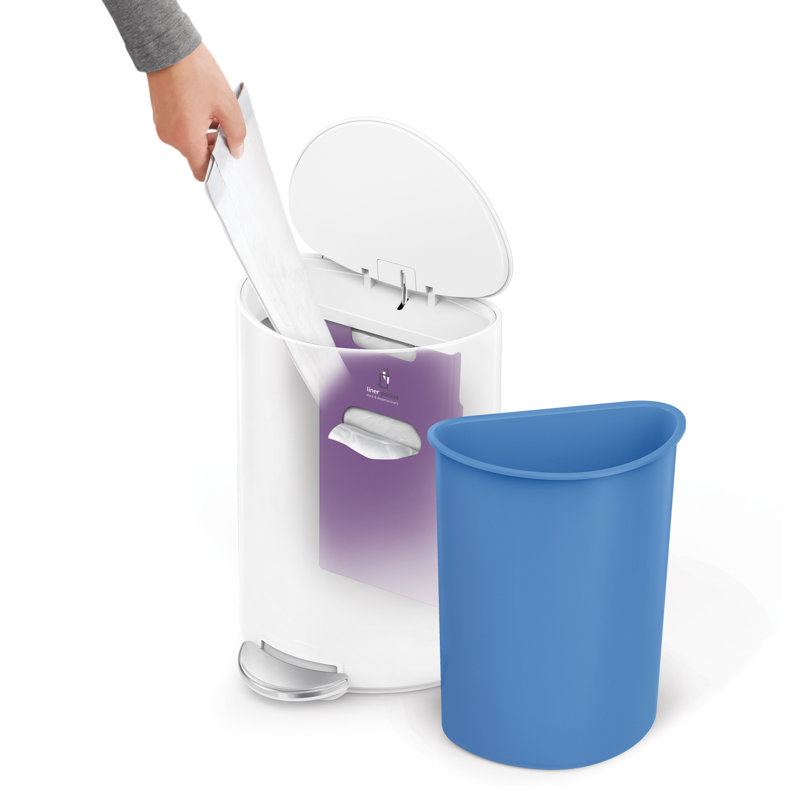 simplehuman 6 Liter / 1.6 Gallon Semi-Round Bathroom Step Trash Can, White Steel