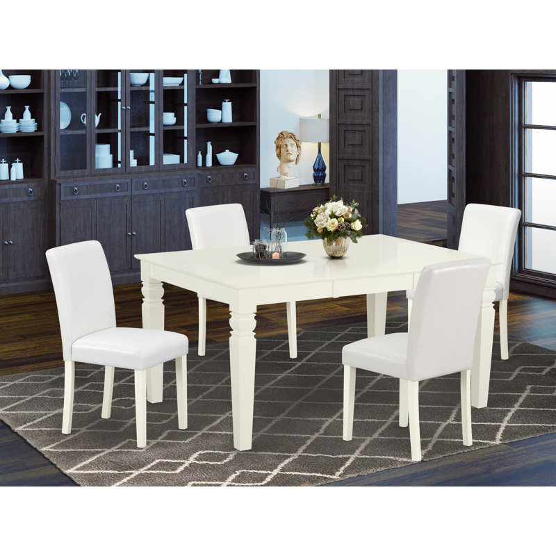 5 Piece Kitchen Table Set Includes a Rectangle Dining Room Table with Butterfly Leaf and 4 White Faux Leather Upholstered Chairs, Linen White