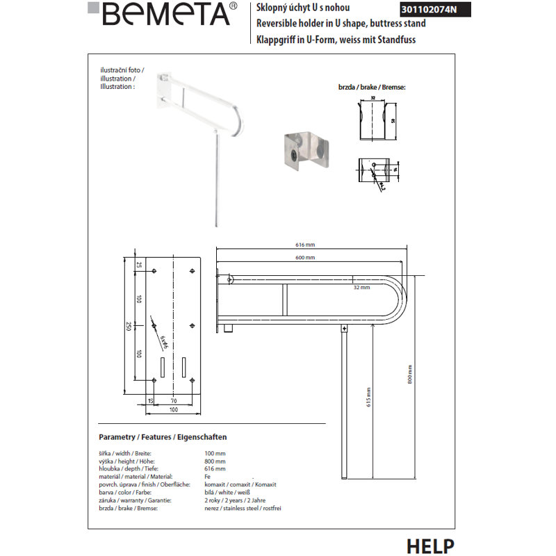 U-Shaped Lift-up Help 61.6cm Grab Bar