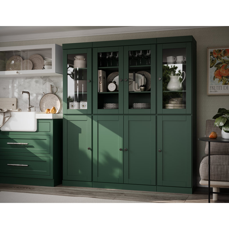 Vaisselier 100% bois massif 65 po avec verre transparent, portes Shaker et tablettes réglables, Vert