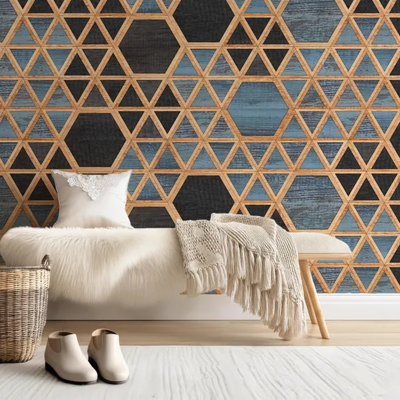 Rustic Blue Wood Geometric Triangle Hexagon Pattern Wall Mural Design