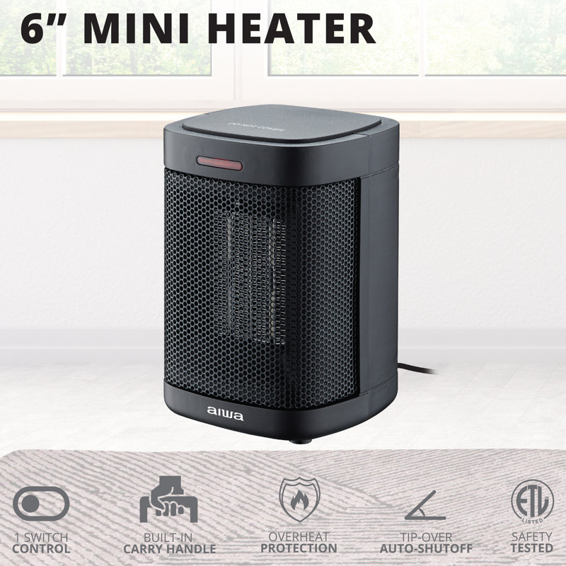 Small 6in Black Ceramic Room Heater, Overheat Protection, Tip over Auto Shutoff, Black