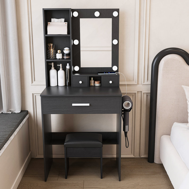 Table de coiffeuse avec miroir à DEL et tabouret, Blanc, Noir