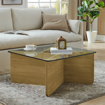 Table basse en verre de 31,5 pouces, table basse carrée moderne de style Mid-Century, table basse de salon en bois, table basse carrée avec plateau en verre trempé, table décorative unique pour petits espaces