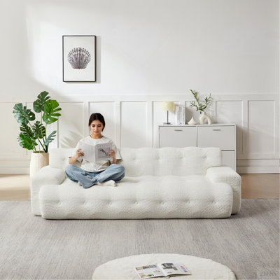 87.4-inch Cloud Series Minimalist Button-Tufted Square Arm Three-Seater Sofa, Chenille Sofa, Comfortable Upholstered Sofa with Button-Tufted Design, Snow White