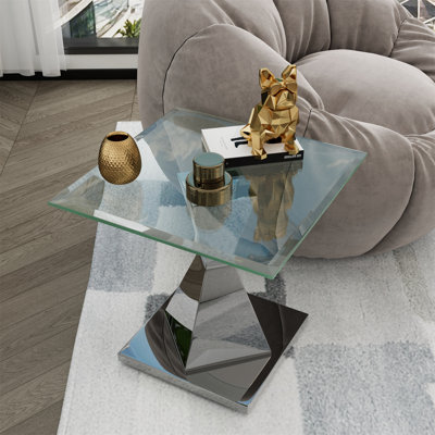 End Table, 23.6" Clear Tempered Glass Side Table With Mirrored Stainless Steel Base