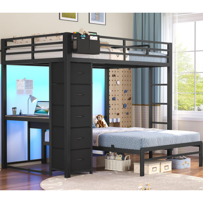 Lit superposé avec bureau, lit superposé double au-dessus de double avec 5 tiroirs de rangement et station de charge