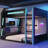 Twin Wooden Gaming Bunk Bed with Desk, Two Storage Shelves, USB Charging & LED Light,Black+Blue-2009969994-2009970006