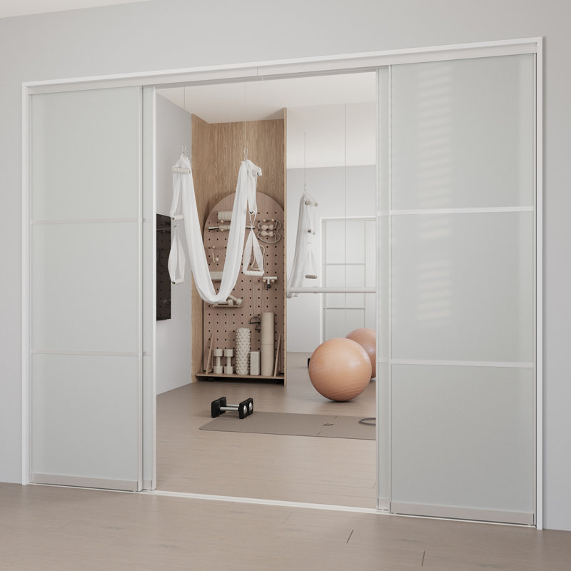 Porte de placard coulissante en verre trempé givré 80 po 3-Lite, panneau de fibres à densité moyenne massif pré-fini avec trousse de quincaillerie complète, paravent d'intimité et de lumière pour la chambre à coucher, la salle de bain et le garde-manger