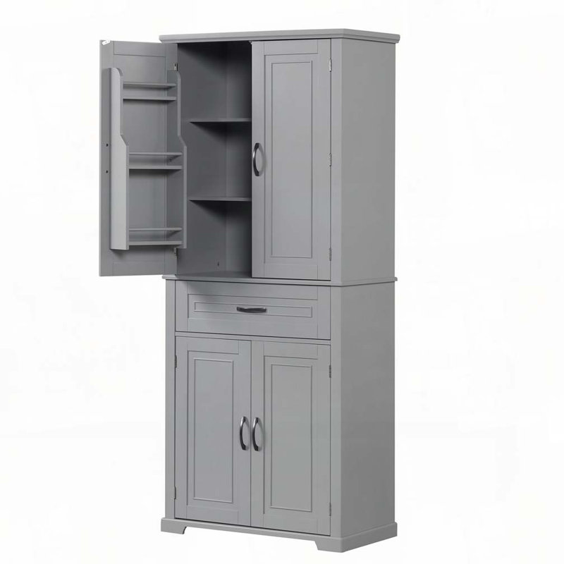 Armoire de rangement de salle de bain avec portes et tiroirs, panier à linge inclinable, plusieurs espaces de rangement, Gris
