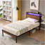 Twin Size Metal Platform Bed Frame With Wooden Headboard And Footboard With USB LINER, LED Lights ,No Box Spring Needed, Large Under Bed Storage