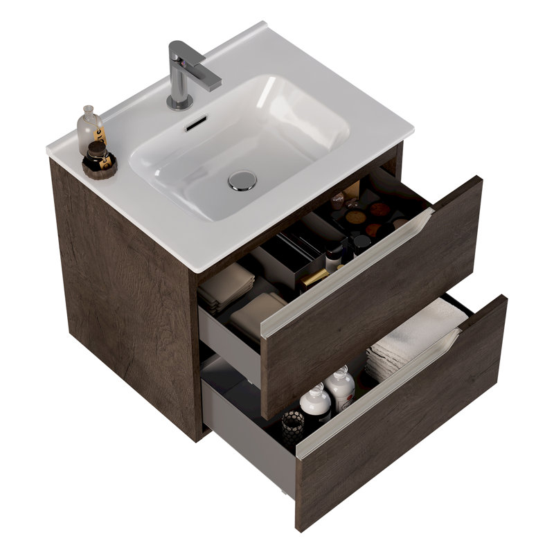 Meuble-lavabo simple 24 po avec plateau en céramique blanche Arden, Weathered Oak, 24", White