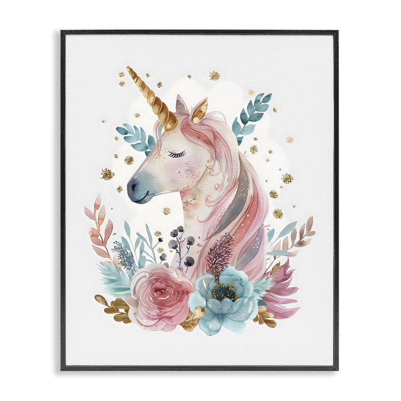 Licorne florale avec détails dorés, estampe numérique, design par LSR Design Studio, H 20 po x l 16 po