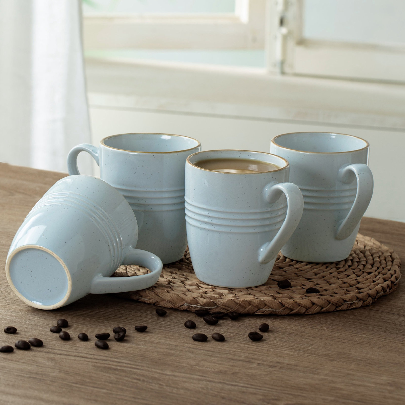 Birch Lane Kestwick 14oz Stoneware Coffee Mug Set (Set of 4), Light Blue