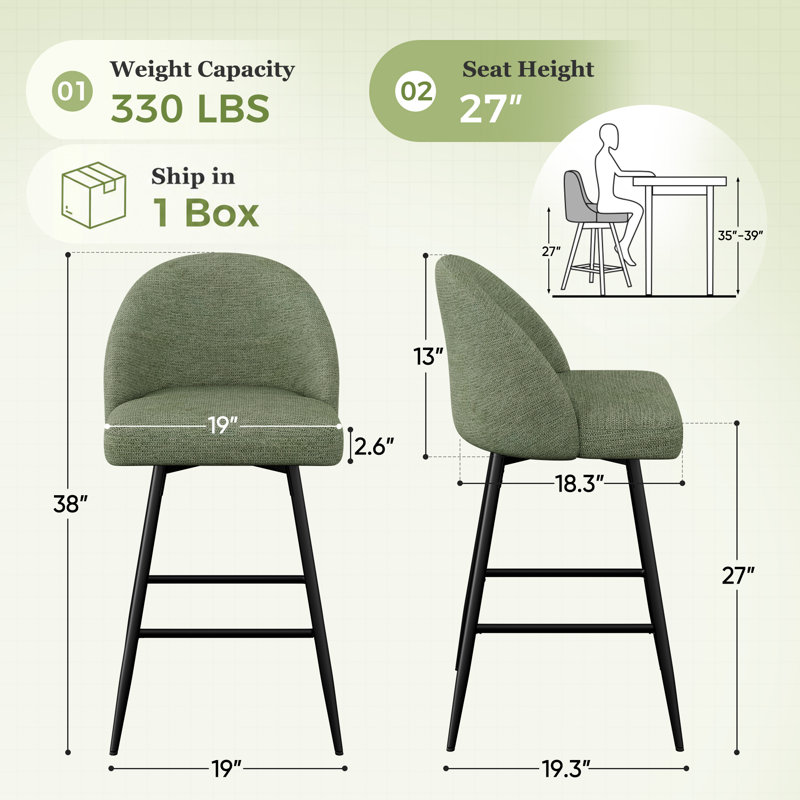 Levick Swivel Bar Stools Set Of 3, Counter Height Bar Stools With Back & Metal Legs-Green, Green/Chenille