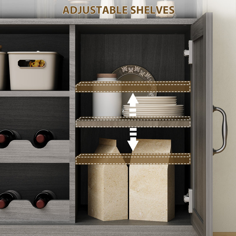 Coffee Bar Cabinet with Wine Rack and Cup Hanger, 47'' Modern Farmhouse Buffet Sideboard with Storage, Freestanding Kitchen Pantry Cabinet for Dining Room Living Room, Gray