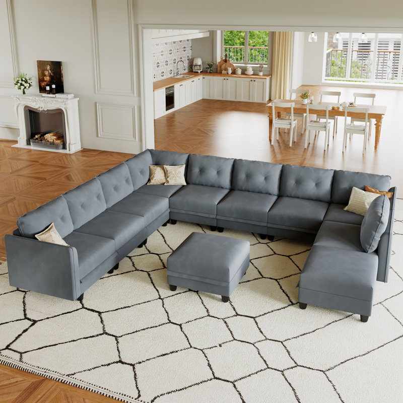 Canapé modulaire avec méridienne avec repose-pieds de 137 po de large Mizuho, Mélange de polyester gris