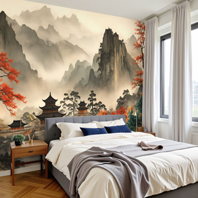 Peel and Stick Wallpaper 144" W x 100" H Modern Self Adhesive Wall Mural for Bedroom Japanese Temple Mountain Ranges Ancient Chinese Temples Traditional