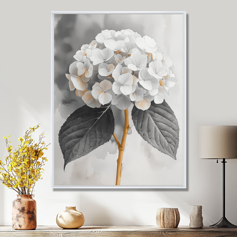 Monogramme d'hortensia avec une tige d'hiver I - hydrangées, art mural, H 20 po x l 12 po, Reproduction avec cadre flottant