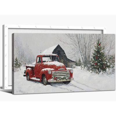 Winter Scene Canvas Wall Art - Red Truck Christmas Pictures Wall Decor, Vintage Winter Landscape Art for Living Room, Farmhouse Christmas Painting Frame Wrapped Canvas Prints, 12×24 inches