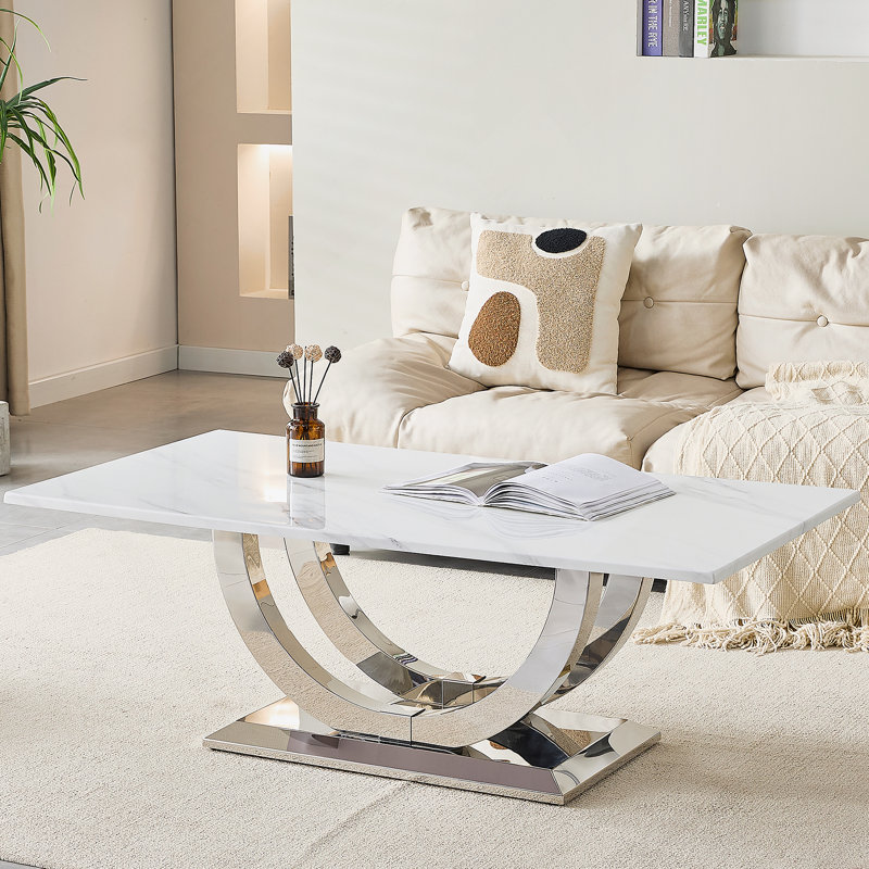 50.4 Inch Modern Rectangular Coffee Table,Marble Pattern MDF Top ,Silver Stainless Steel Base.
