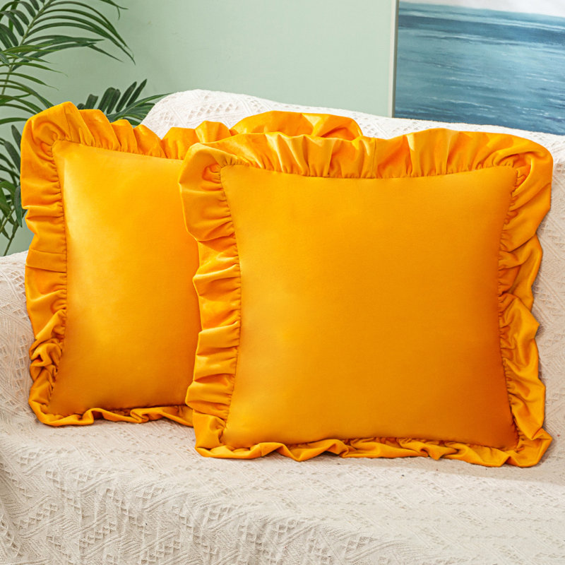 Set Of 2 Velvet Pillow Cover With Big Lace, Orange
